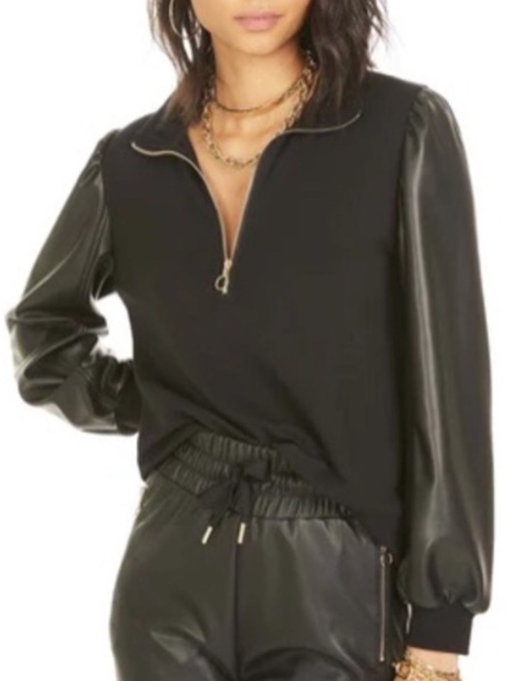 Generation Love Lola Combo Black Faux Leather Sleeve Half-Zip Pullover